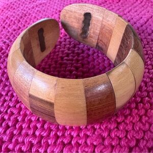 Vintage Wood Bangle Cuff Bracelet Flex opening Mixed Wood Tones